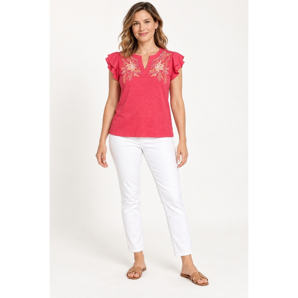 Talbots Pink Flutter Sleeve Embroidered Cotton Top Boho Cottagecore Large NEW